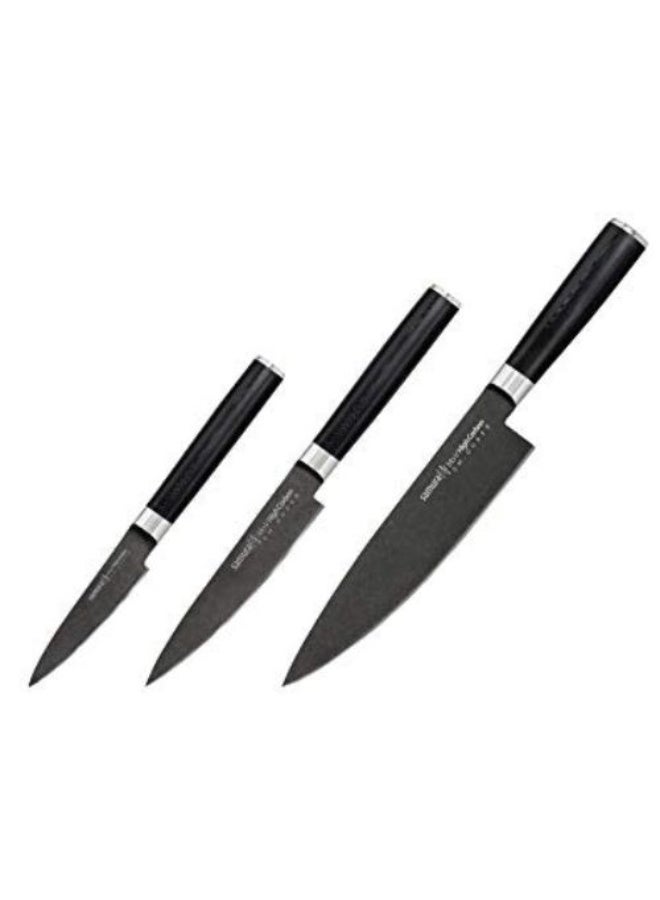 Samura Mo-V Stonewash Kitchen Knife Set, 3-Piece - Japanese AUS-8 Steel - Knives with Ergonomic G-10 Handle - Professional Paring, Utility & Bread Knife in Premium Gift Box - Image 1